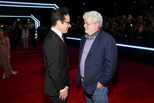 HOLLYWOOD, CA - DECEMBER 14: Directors J.J. Abrams (L) and George Lucas attend the World Premiere of Star Wars: The Force Awakens at the Dolby, El Capitan, and TCL Theatres on December 14, 2015 in Hollywood, California. (Photo by Jesse Grant/Getty Images for Disney) 