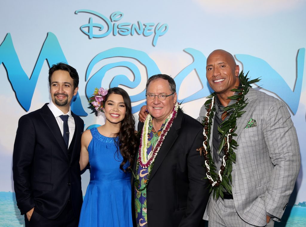 Photo by Jesse Grant/Getty Images for Disney) Auli'i Cravalho; Dwayne Johnson; Lin-Manuel Miranda; John Lasseter