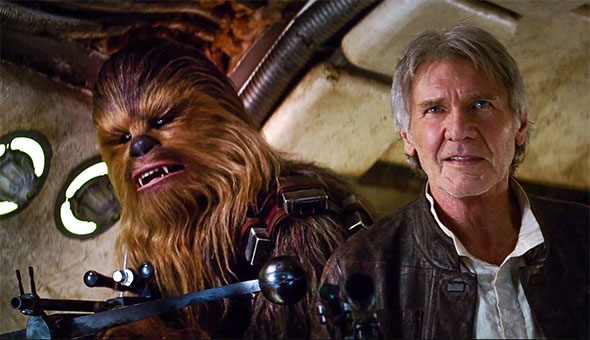 Chewbacca and Han Solo in a still from the Star Wars: The Force Awakens trailer.