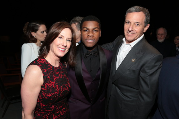 Kathleen Kennedy, John Boyega and Bob Iger pose together as Walt Disney Pictures and Lucasfilm's presents "Star Wars: The Force Awakens" World Premiere in Hollywood, California on Monday, December 14, 2015..(Photo: Alex J. Berliner/ABImages)