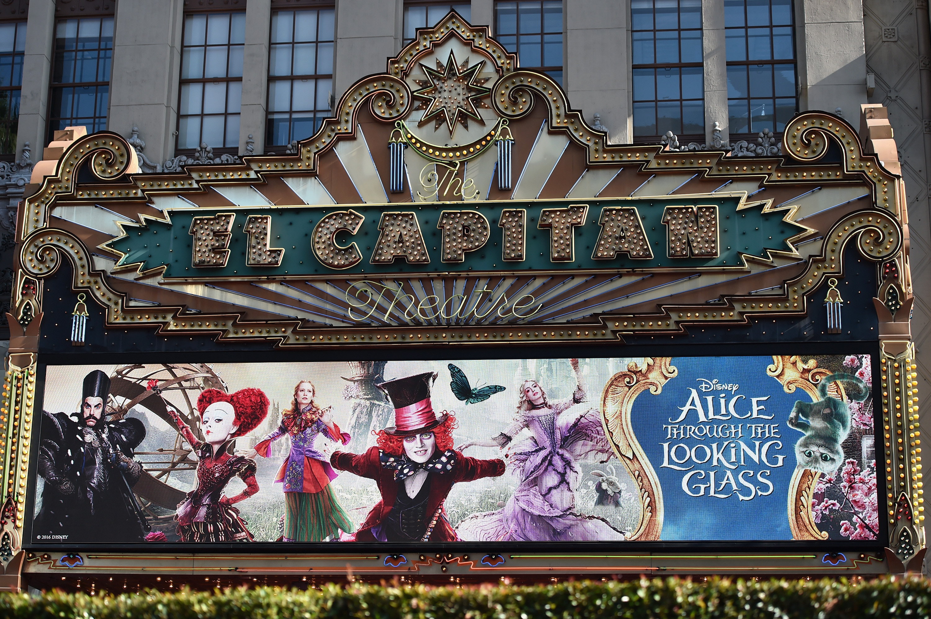 HOLLYWOOD, CA - MAY 23: A view of the atmosphere at Disneys 'Alice Through the Looking Glass' premiere with the cast of the film, which included Johnny Depp, Anne Hathaway, Mia Wasikowska and Sacha Baron Cohen at the El Capitan Theatre on May 23, 2016 in Hollywood, California. (Photo by Alberto E. Rodriguez/Getty Images for Disney)