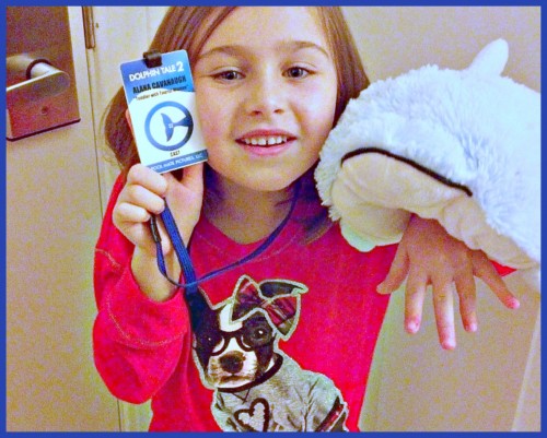 Alanas official badge and her first day filming. This stuffed dolphin was given to her by her “sister” from Love Undead which she was filming when she booked DT2. 