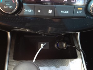 2013 Nissan Altima SL USB and car charger plug in the middle console area.