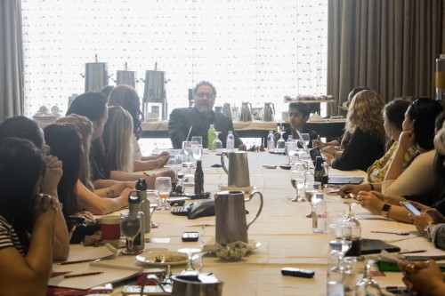 BEVERLY HILLS - APRIL 04 - Actor's Jon Favreau & Neel Sethi during the "The Jungle Book" press junket at the Beverly Hilton on April 4, 2016 in Beverly Hills, California. (Photo by Becky Fry/My Sparkling Life for Disney)