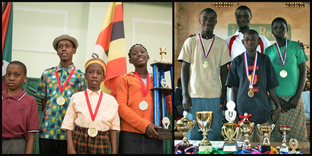 The Real People of Queen of Katwe Madina Nalwanga (right) as Phiona Mutesi Phiona Mutesi (right, green shirt), Robert Katende (back row center)