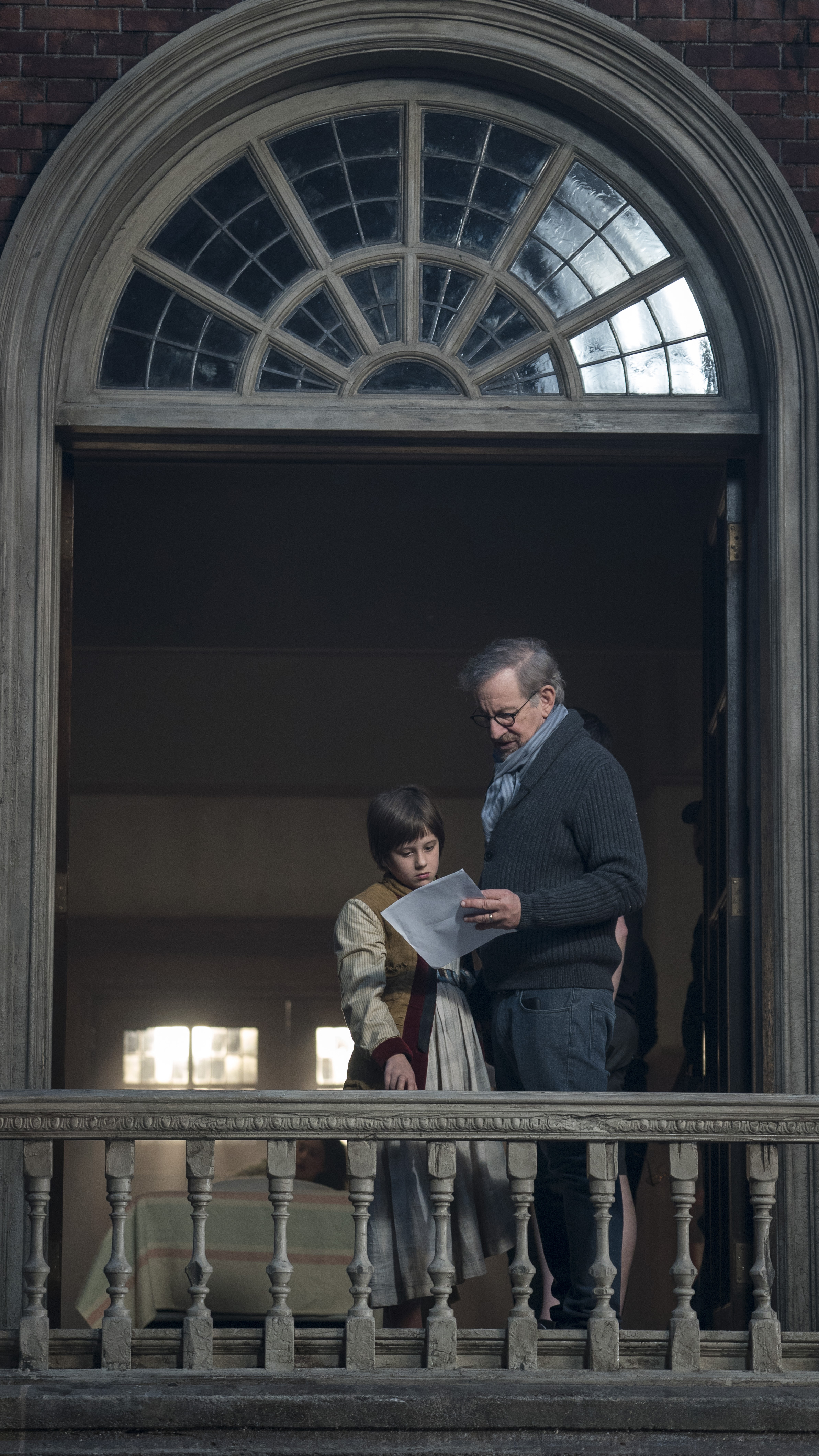 Director Steven Spielberg with Ruby Barnhill on the set of Disney's fantasy-adventure, THE BFG, directed by Steven Spielberg and based on the best-selling book by Roald Dahl.