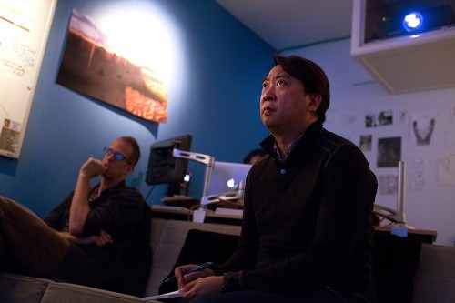 A day in the life of "Inside Out" Director Pete Docter, seen with Layout Supervisor Patrick Lin, on April 16, 2014 at Pixar Animation Studios in Emeryville, Calif. (Photo by Deborah Coleman / Pixar)