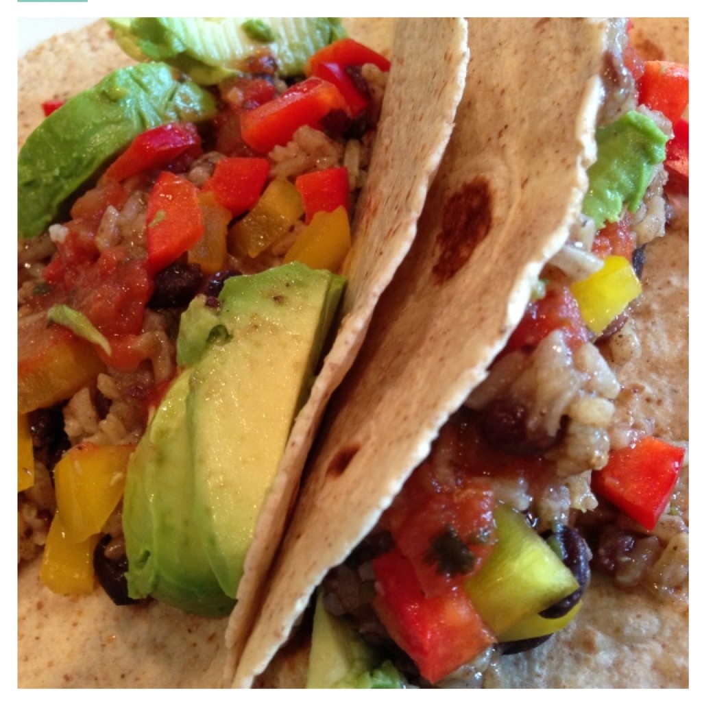 Black bean and rice tacos, with avocado and peppers