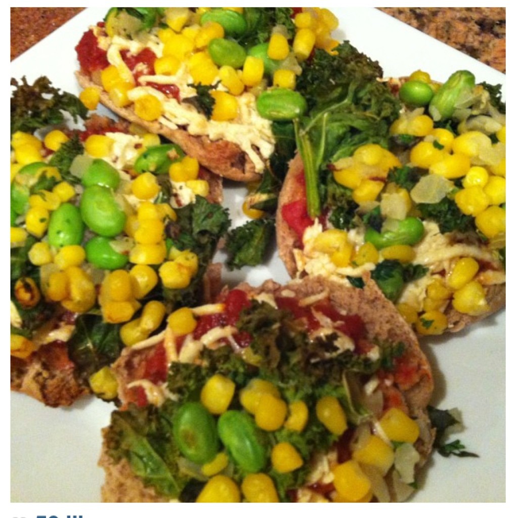 Mini English muffin pizzas , with Daiya cheese, edamame,corn and broccoli and kale