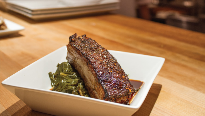 Candied Pork Belly collard greens, soy balsamic syrup