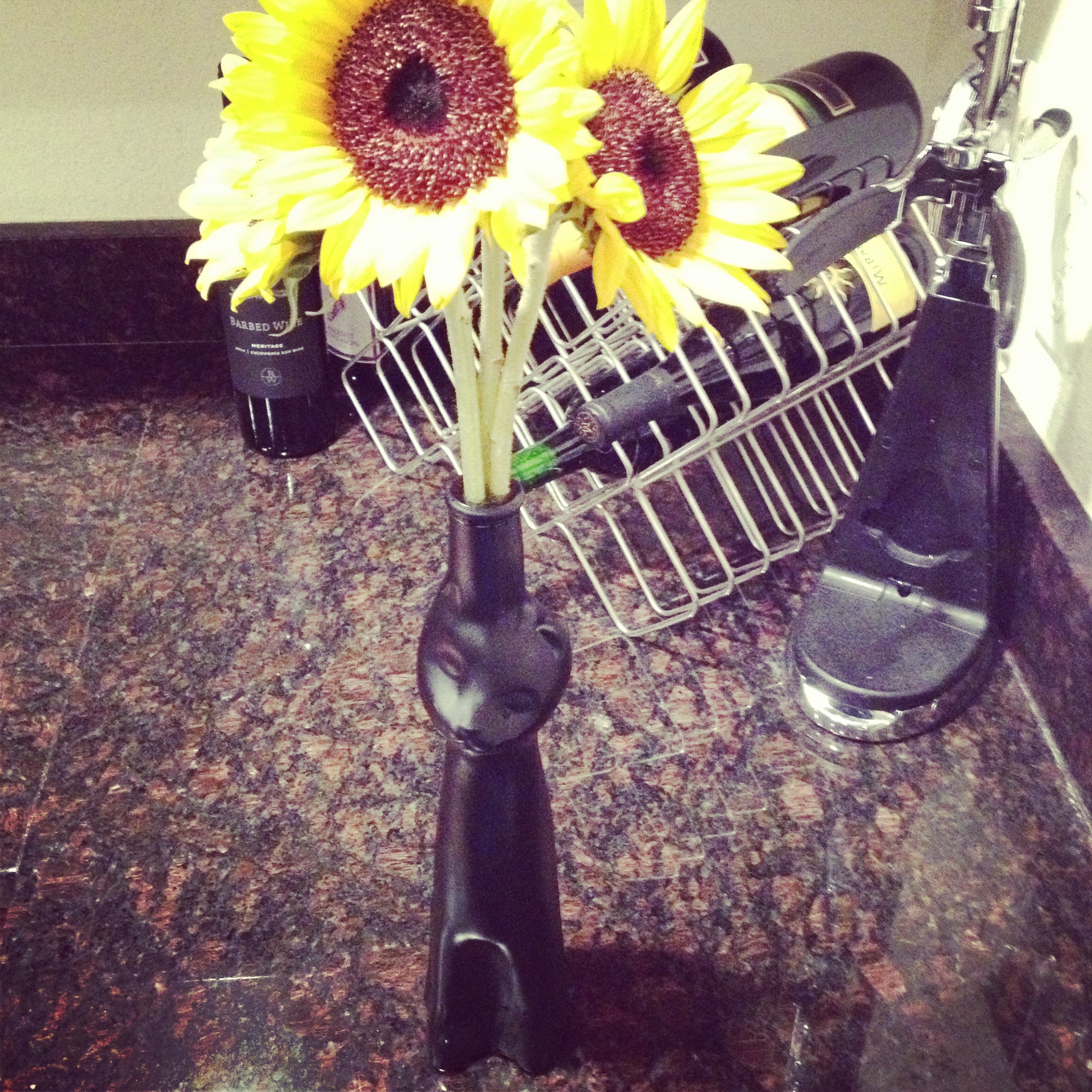 Wordless Wednesday - Sunflowers in a Cat Wine Bottle